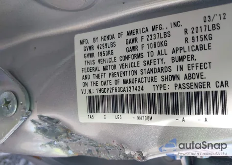 2012 Honda Accord 2.4 Se z USA, uszkodzony, nr VIN 1HGCP2F60CA137424